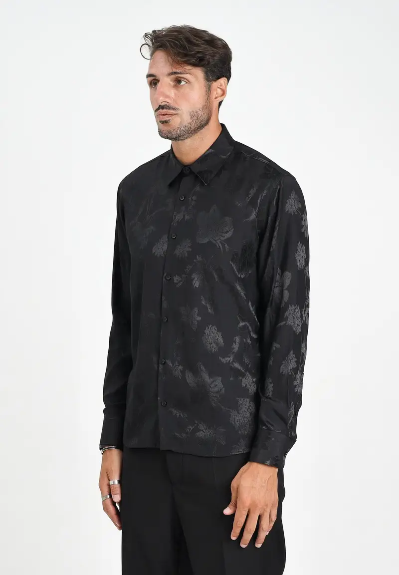 I'M BRIAN Camicia a manica lunga nera da uomo con lavorazione jacquard a motivi floreali