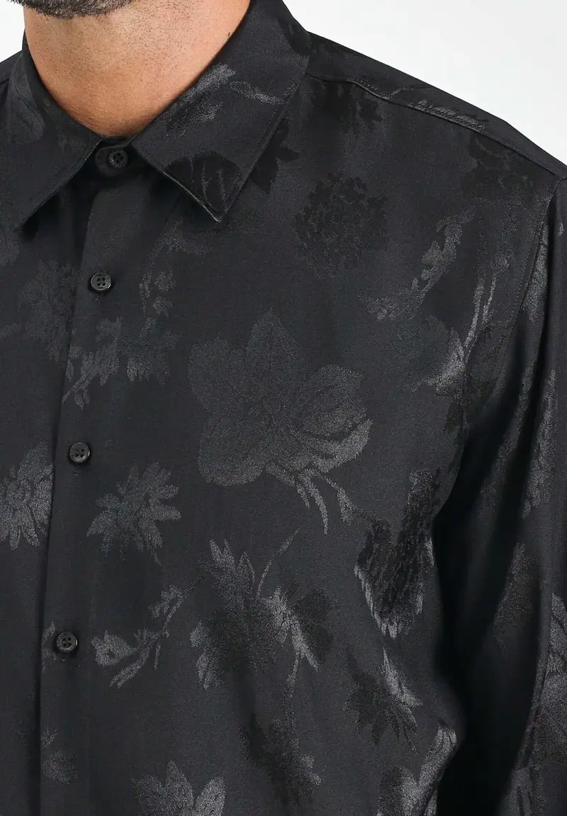 I'M BRIAN Camicia a manica lunga nera da uomo con lavorazione jacquard a motivi floreali miniatura 2