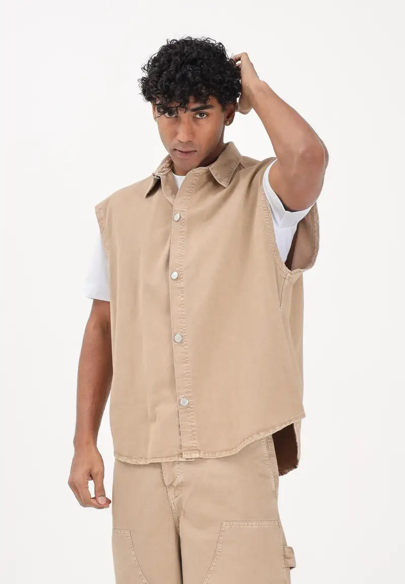 Camicia smanicata beige da uomo miniatura 2