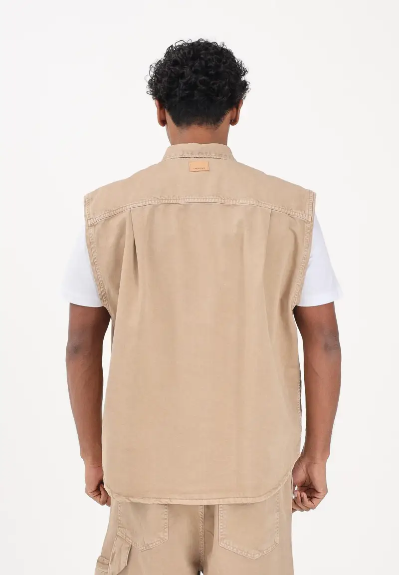 Camicia smanicata beige da uomo miniatura 3