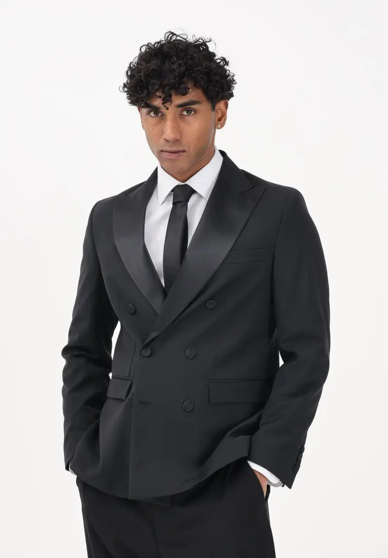 Giacca doppiopetto nera da uomo con rever in raso miniatura 2