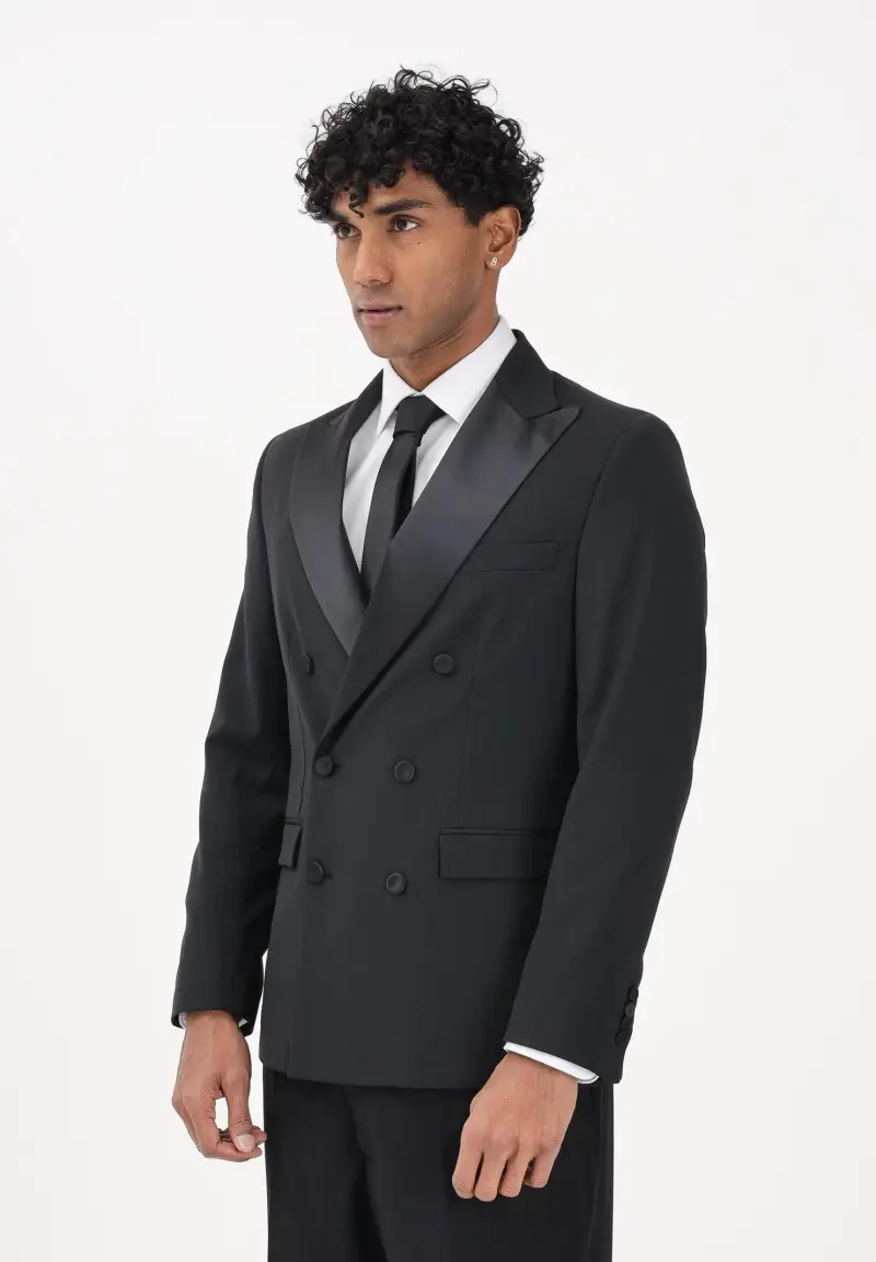 Giacca doppiopetto nera da uomo con rever in raso