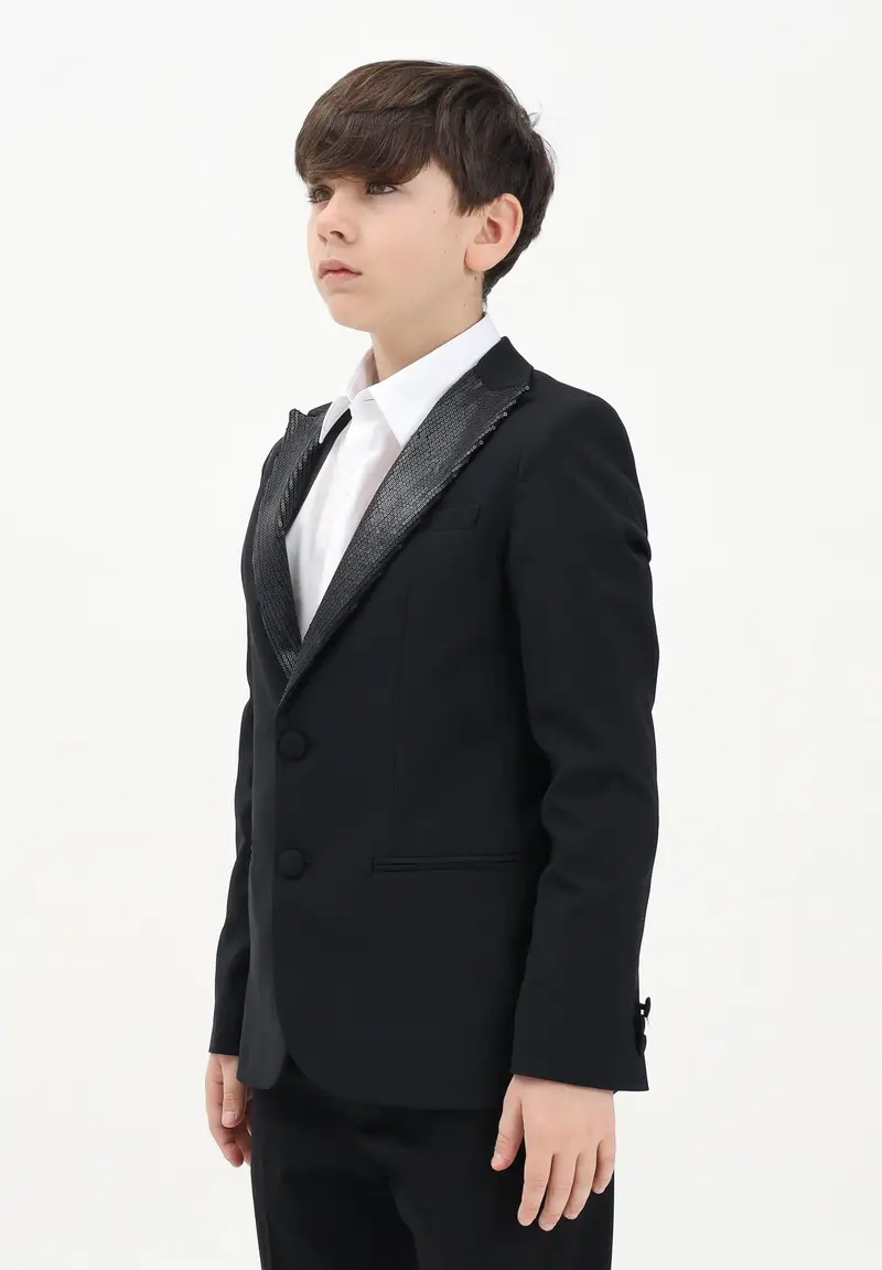 I'M BRIAN Giacca monopetto nera da bambino con rever a lancia rivestito da paillettes