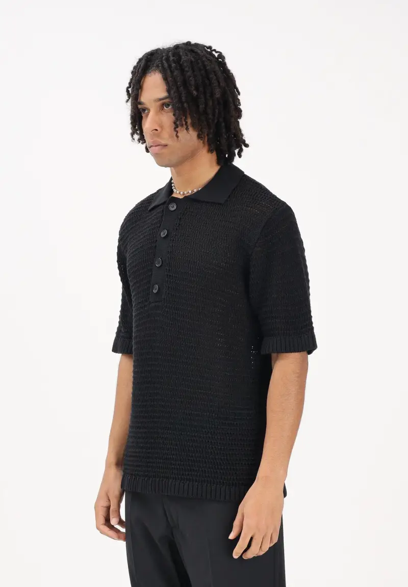 I M BIRAN Polo nera da uomo in tessuto lavorato a maglia traforata