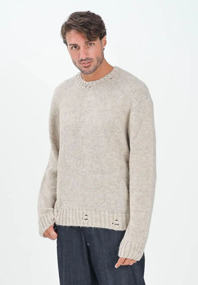 Maglia girocollo beige da uomo miniatura 2