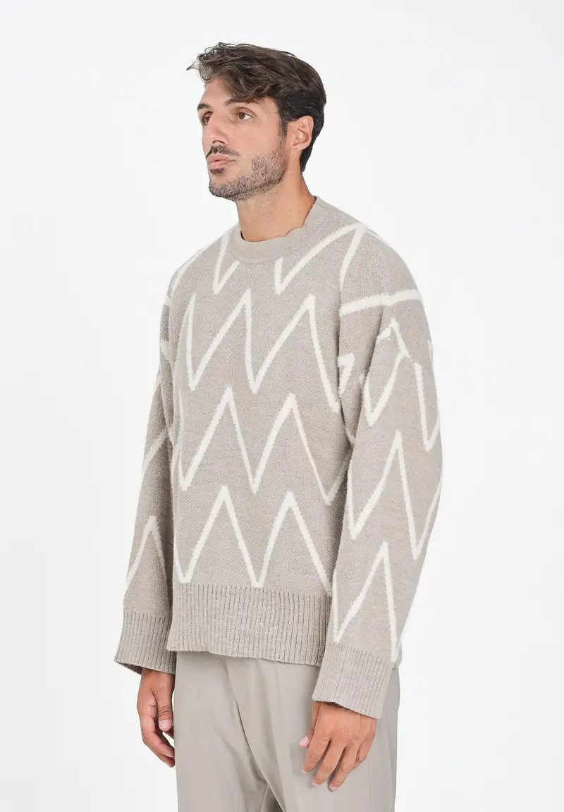I'M BRIAN Maglione girocollo beige da uomo con motivo zig-zag