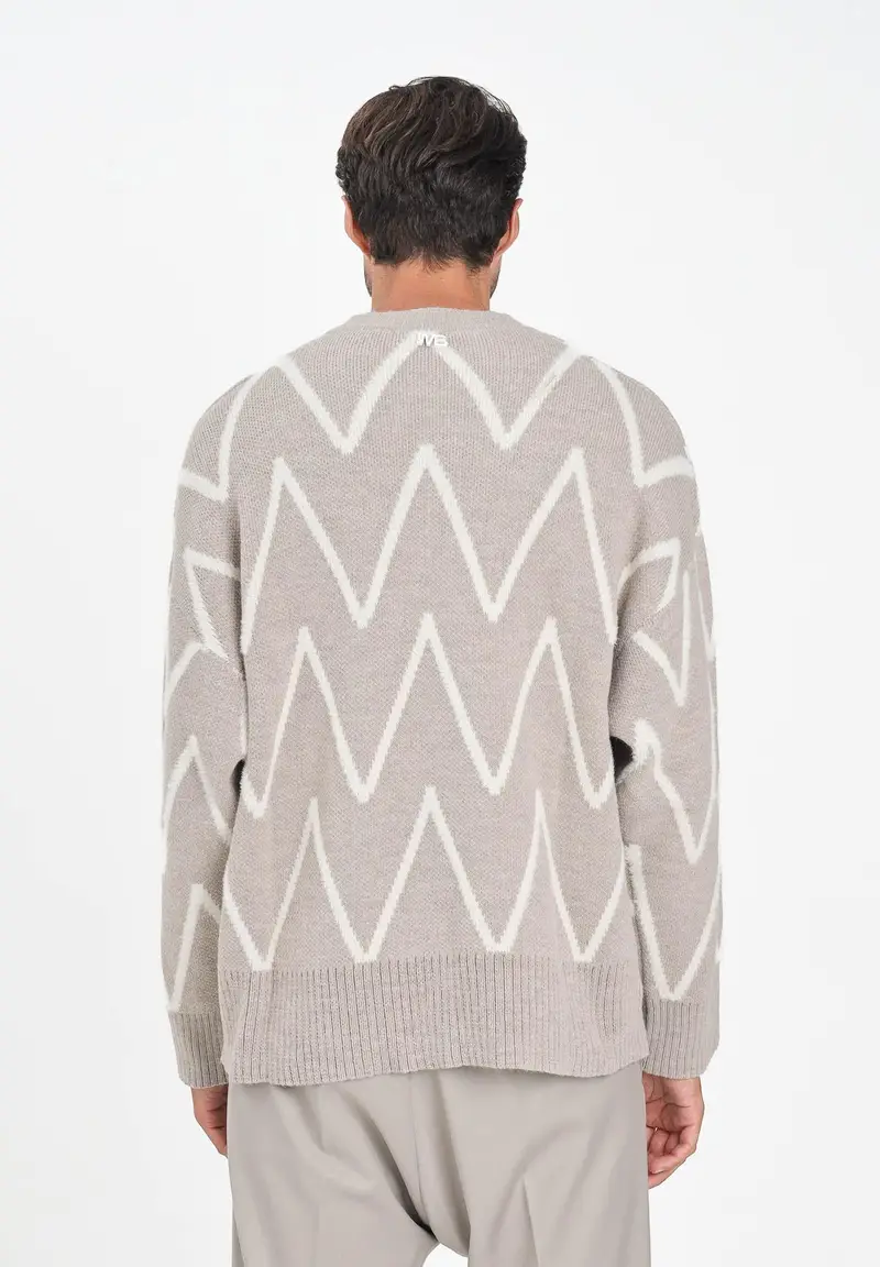 I'M BRIAN Maglione girocollo beige da uomo con motivo zig-zag miniatura 2