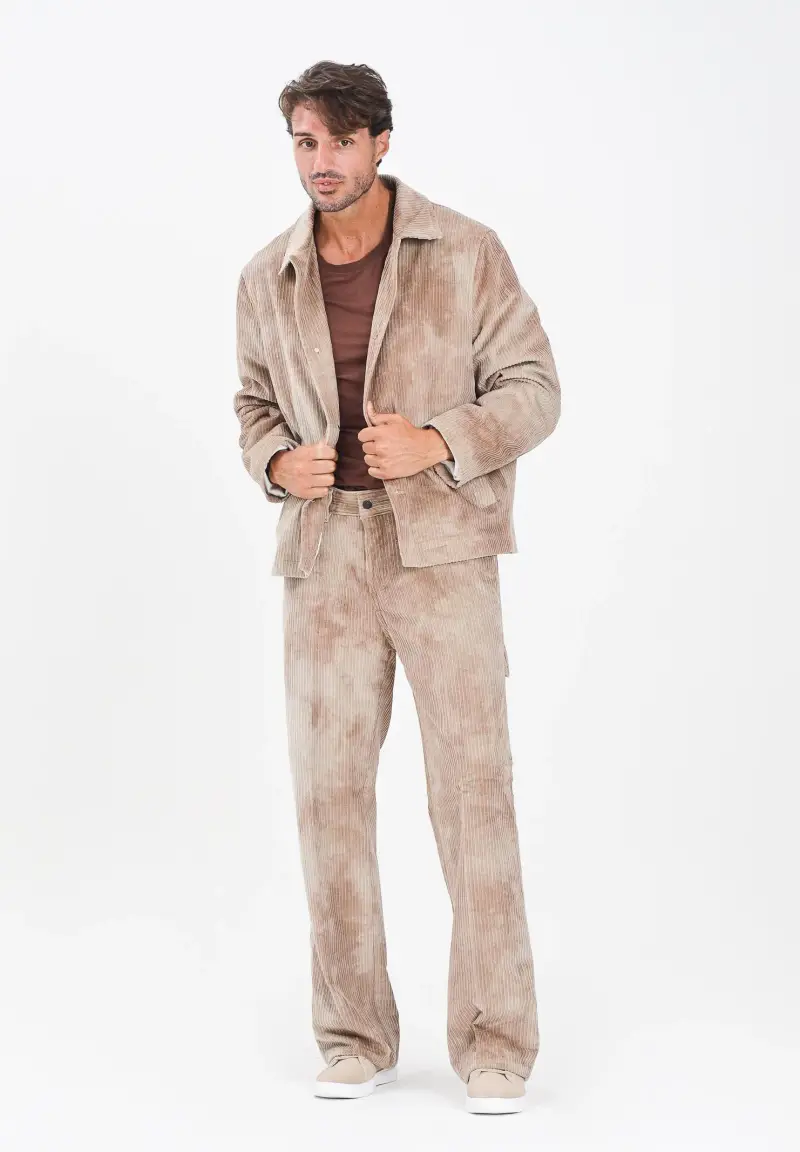Pantalone da uomo in velluto a coste color beige effetto tie-dye miniatura 2