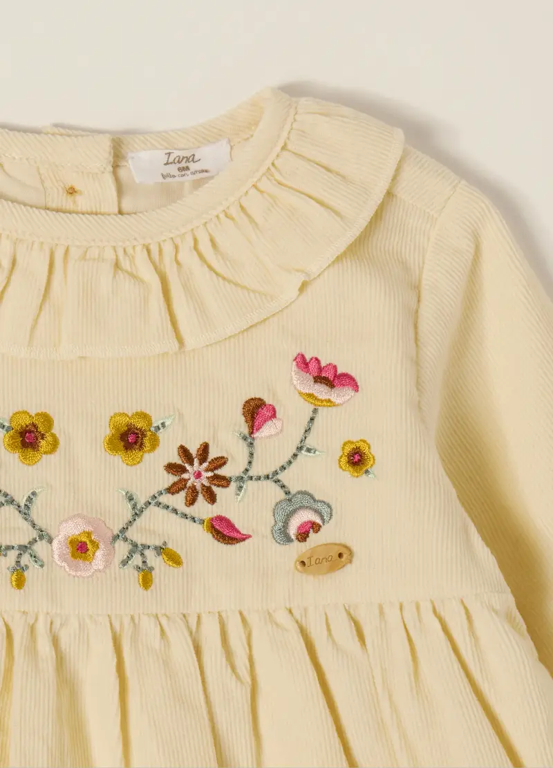 Abito Beige In Velluto A Coste Con Ricami Floreali, Neonata, Giallo miniatura 3