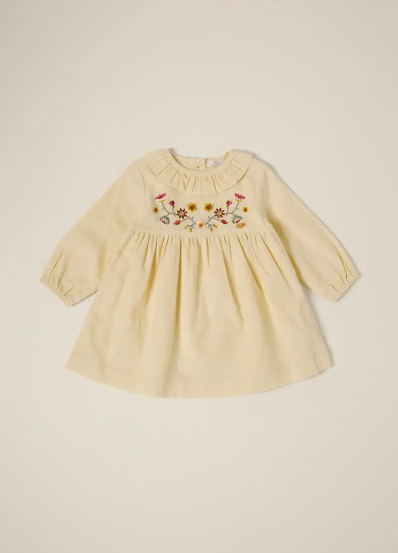 Abito Beige In Velluto A Coste Con Ricami Floreali, Neonata, Giallo