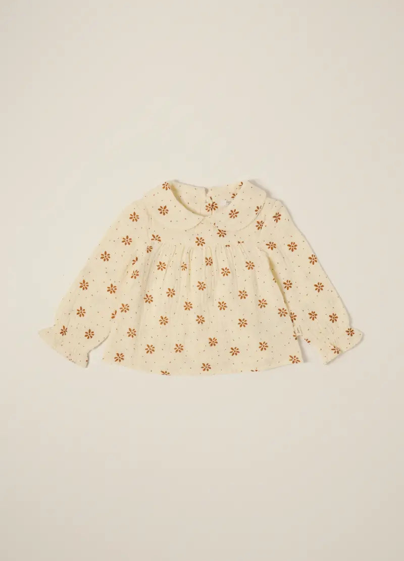 Camicia Beige A Maniche Lunghe Con Colletto Decorativo, Neonata, Beige