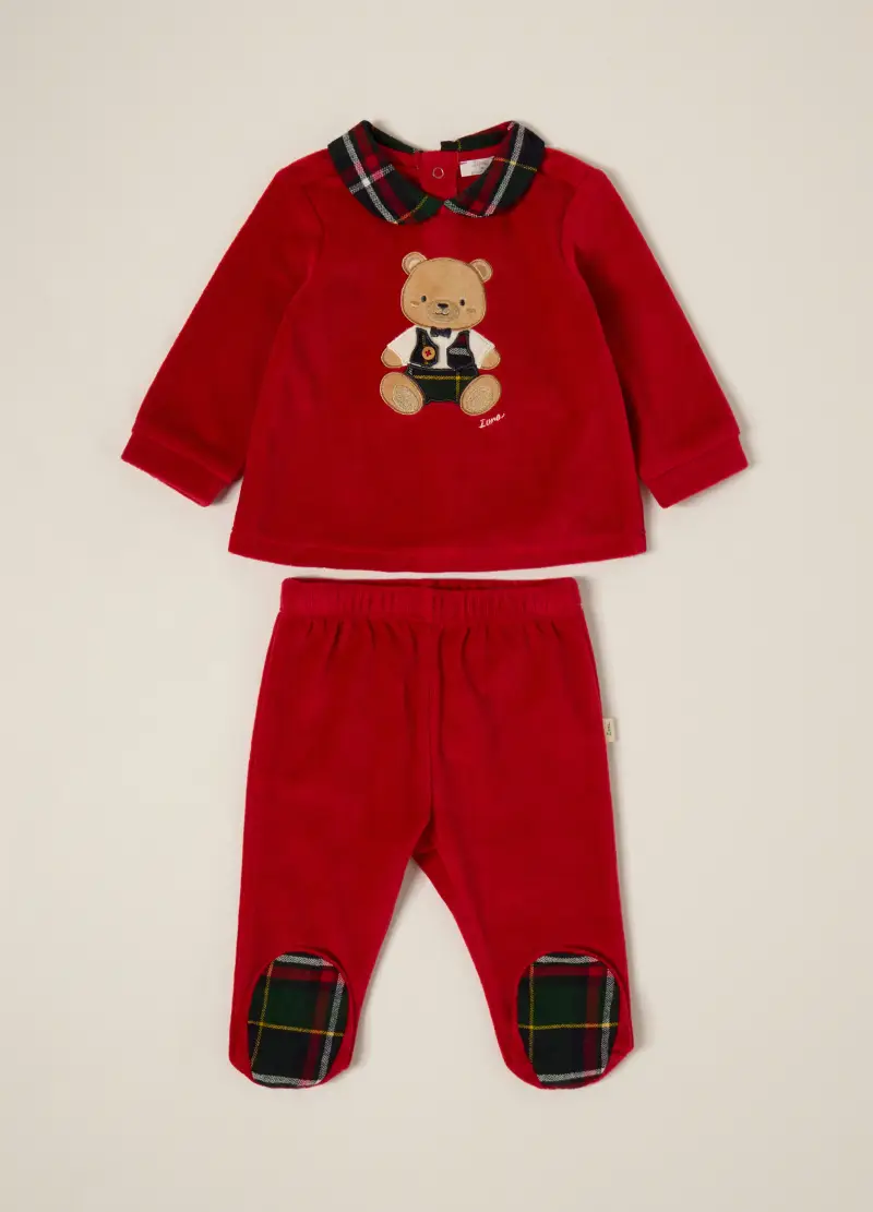 Completo Rosso In Velour Con Orsetto, Neonato, Rosso