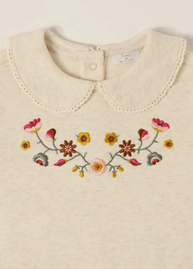 Felpa Beige Con Colletto Ricamato Per Neonata, Beige miniatura 3