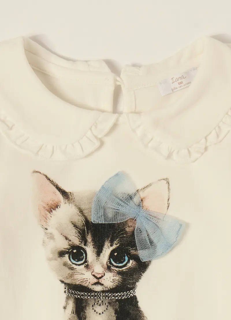 Maglia Bianca A Maniche Lunghe Con Stampa Di Gatto, Neonata, Bianco miniatura 3