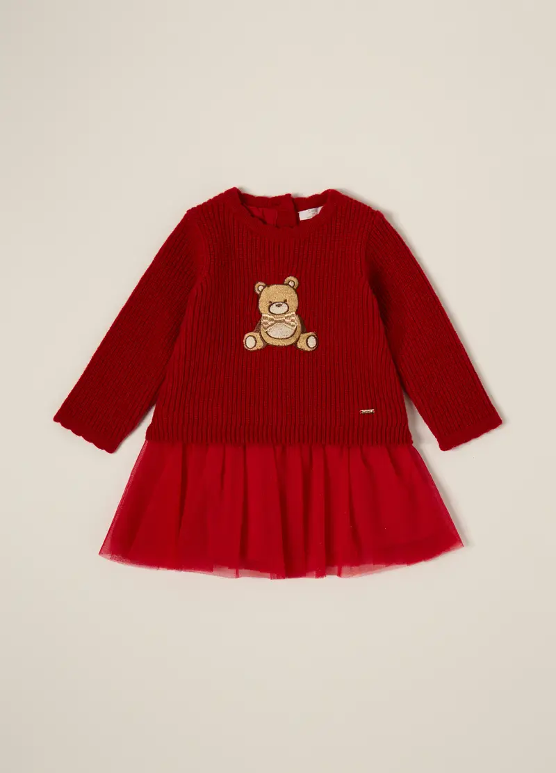 Vestito Rosso Per Bambina Con Applicazione Orsetto, Neonata, Rosso