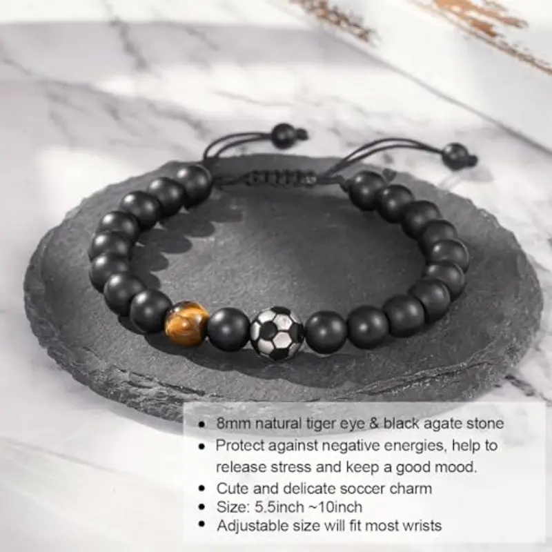 IBXWMNG Bracciale da Calcio Intrecciato per Ragazzi, Braccialetti in Pietra Naturale per Uomini, Braccialetto di Calcio in Pietra Naturale 3D, Regali di Compleanno e Natale per Ragazzo miniatura 2