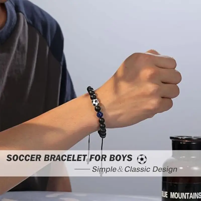 IBXWMNG Bracciale da Calcio Intrecciato per Ragazzi, Braccialetti in Pietra Naturale per Uomini, Braccialetto di Calcio in Pietra Naturale 3D, Regali di Compleanno e Natale per Ragazzo miniatura 3