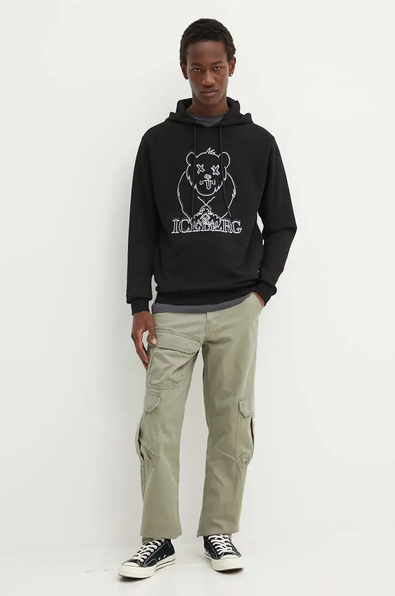 felpa in cotone uomo colore nero con cappuccio con applicazione E021 6341 miniatura 2