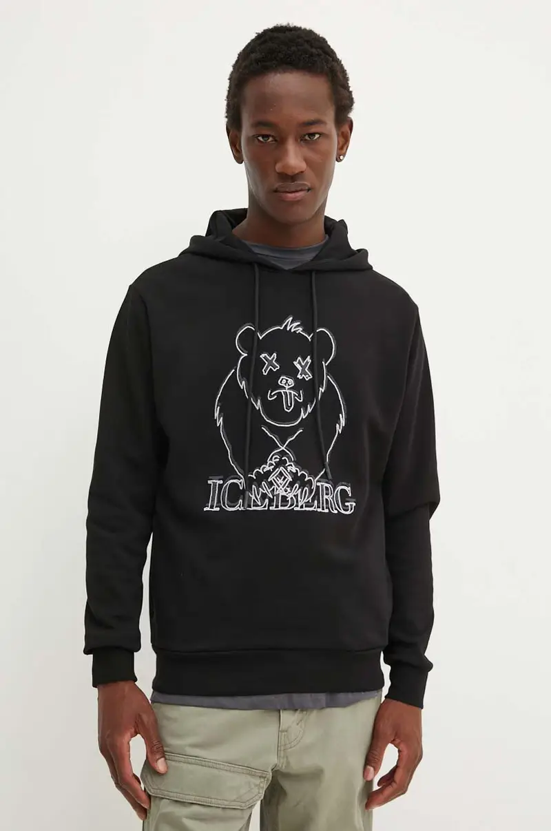 felpa in cotone uomo colore nero con cappuccio con applicazione E021 6341