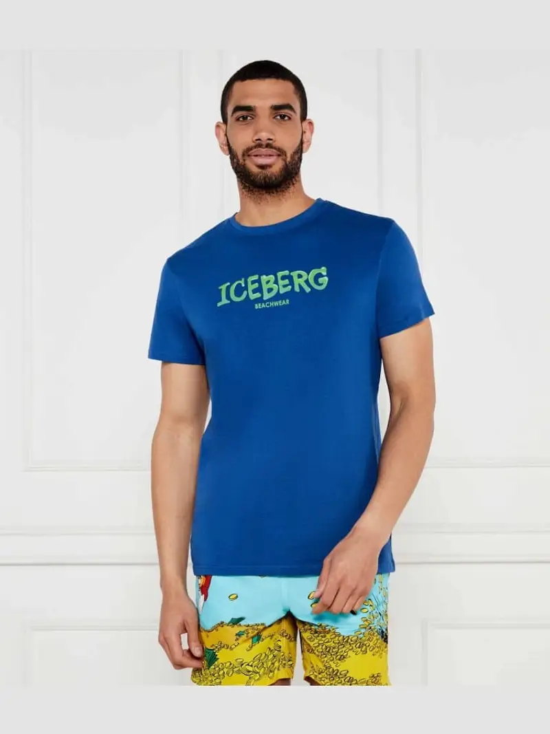 Iceberg tshirt blu uomo in cotone logo sul davanti a contrasto