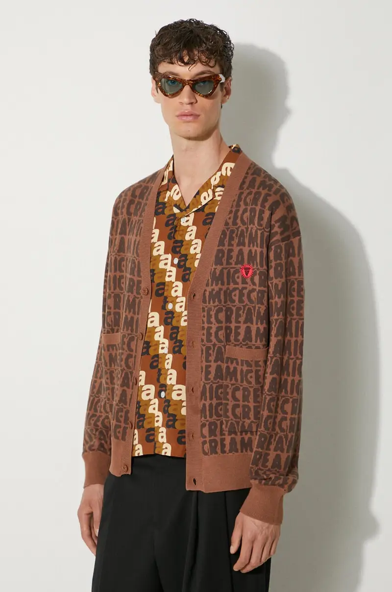 cardigan con aggiunta di lana Text Print Cardigan colore marrone IC24215