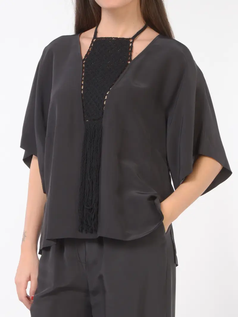 blusa da donna Icona By Kaos a kimono con inserto crochet NERO