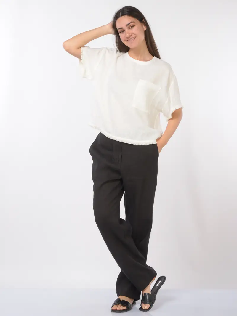 blusa da donna Icona By Kaos in lino con piccole frange BEIGE miniatura 2