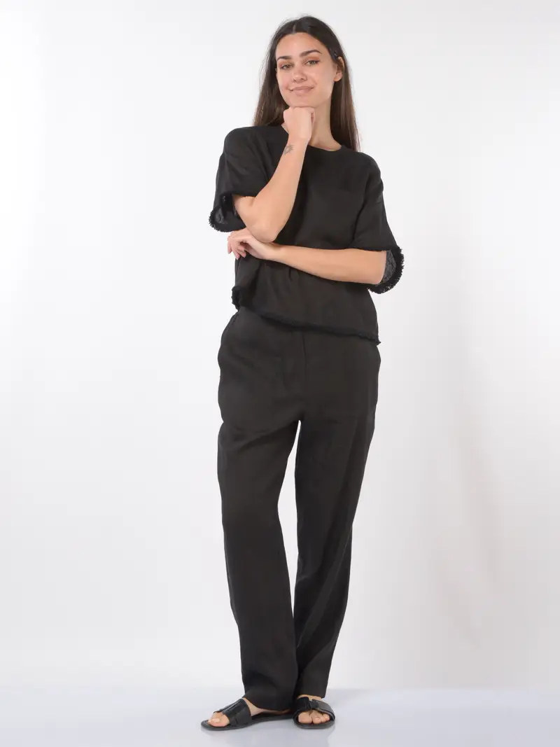 blusa da donna Icona By Kaos in lino con piccole frange NERO miniatura 2