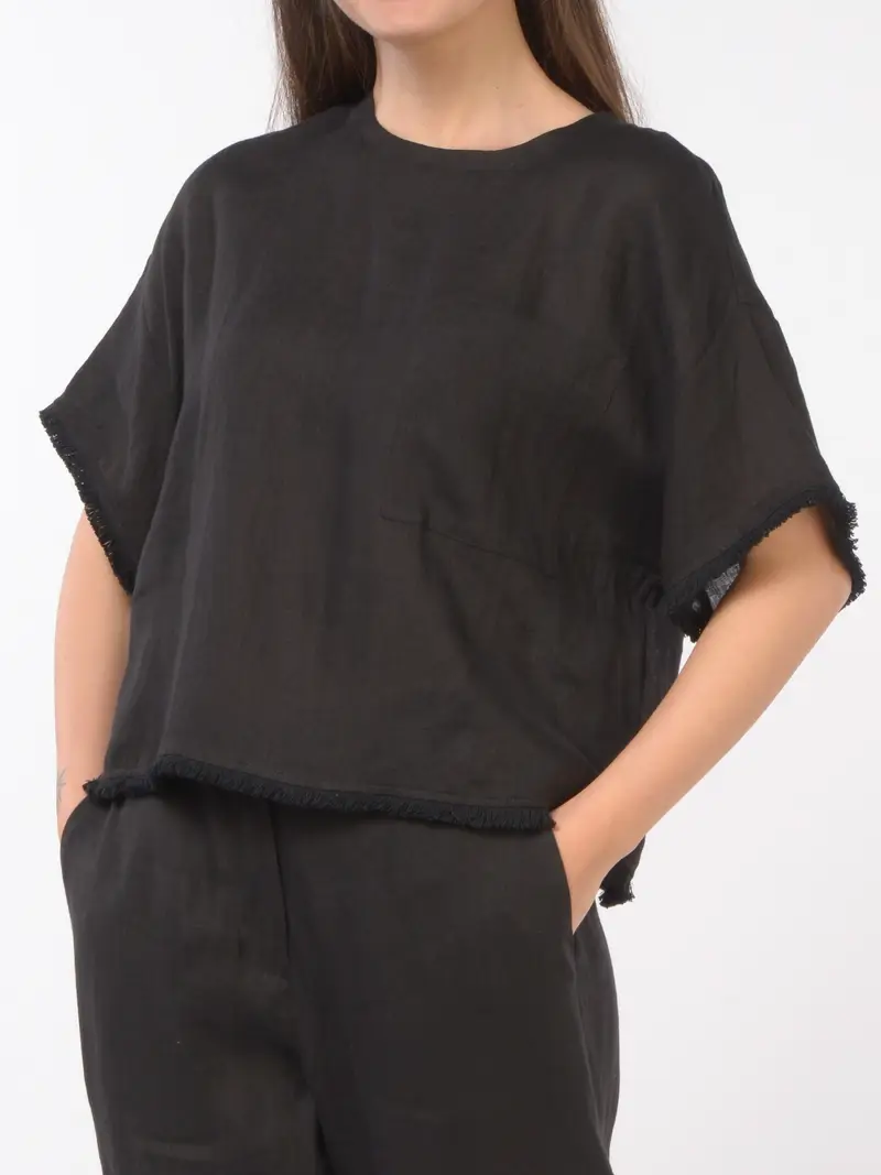blusa da donna Icona By Kaos in lino con piccole frange NERO
