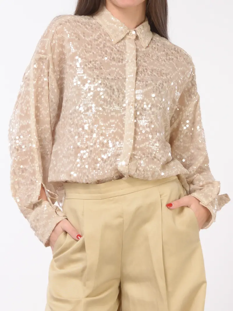 camicia da donna Icona By Kaos over in full paillettes BEIGE