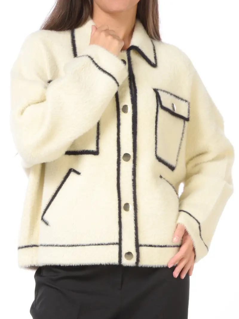 giacca da donna Icona By Kaos in maglia effetto peluche con profili BEIGE