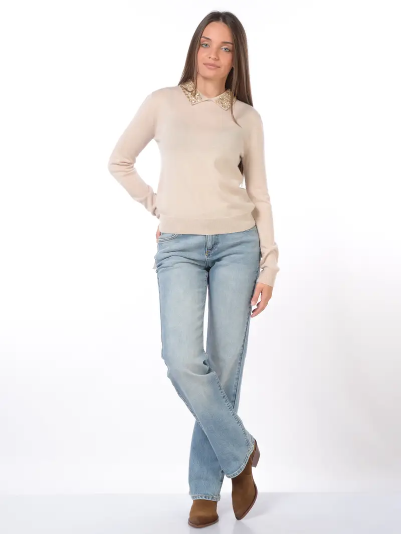 maglia da donna Icona By Kaos collo a camicia con pietre BEIGE miniatura 2