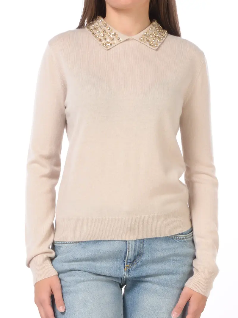 maglia da donna Icona By Kaos collo a camicia con pietre BEIGE