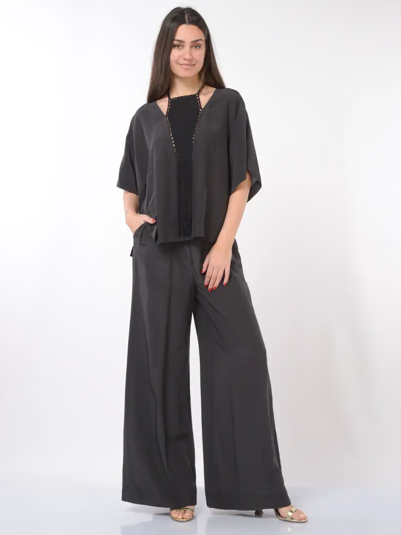 pantalone da donna Icona By Kaos ampio in cotone e seta NERO miniatura 2