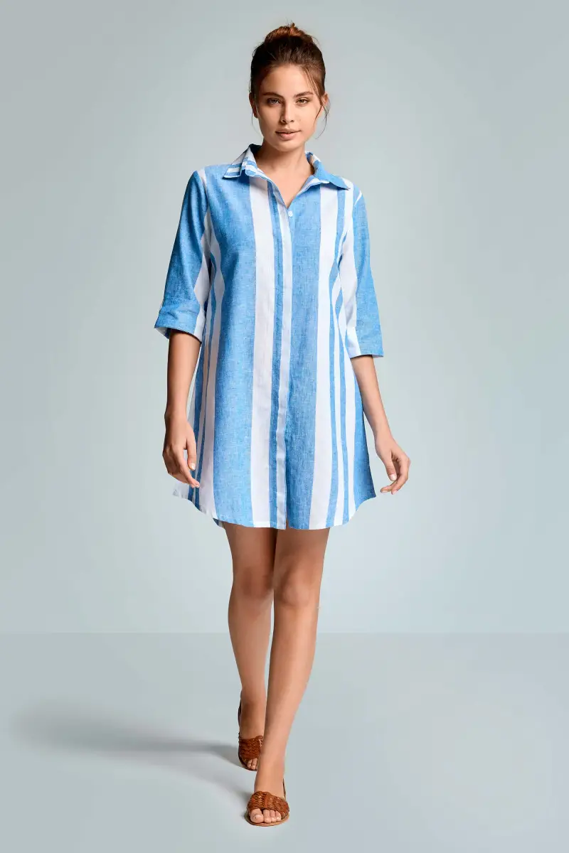 ABITO CAMICIA IN MISTO LINO A RIGHE ELEONOR | Colore Light Blu |