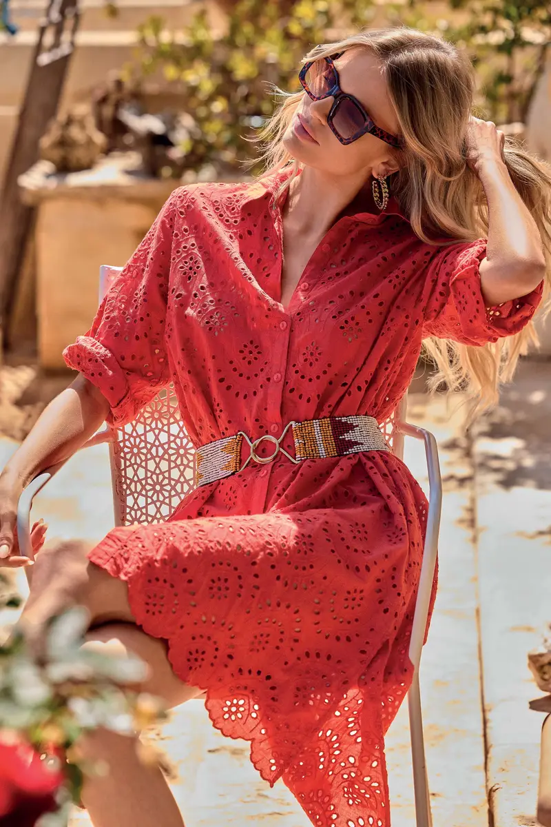 ABITO CAMICIA IN PIZZO PREGIATO ELLA | Colore Rosso |