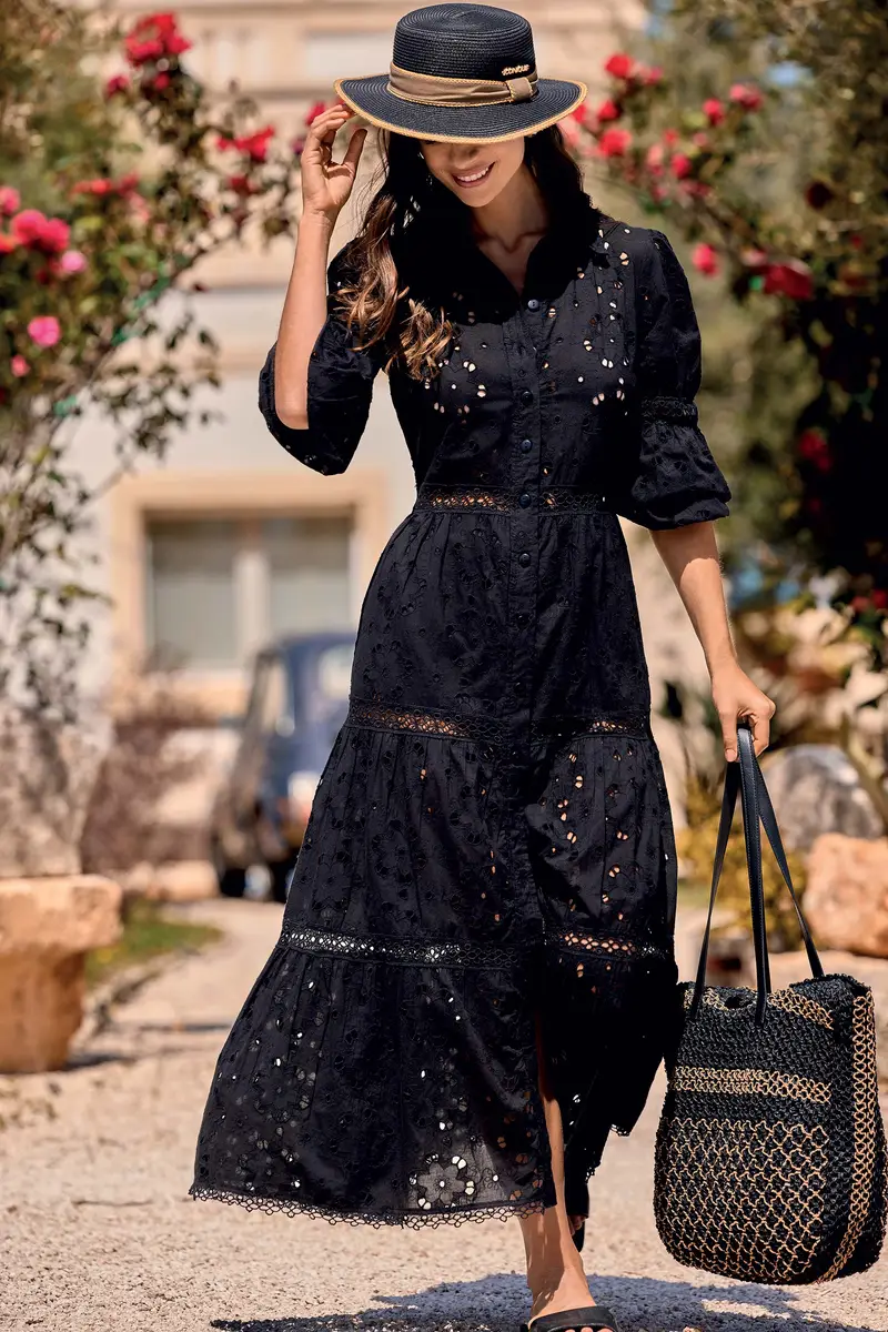 ABITO CAMICIA LUNGO IN PIZZO PREGIATO VANIA | Colore Nero |