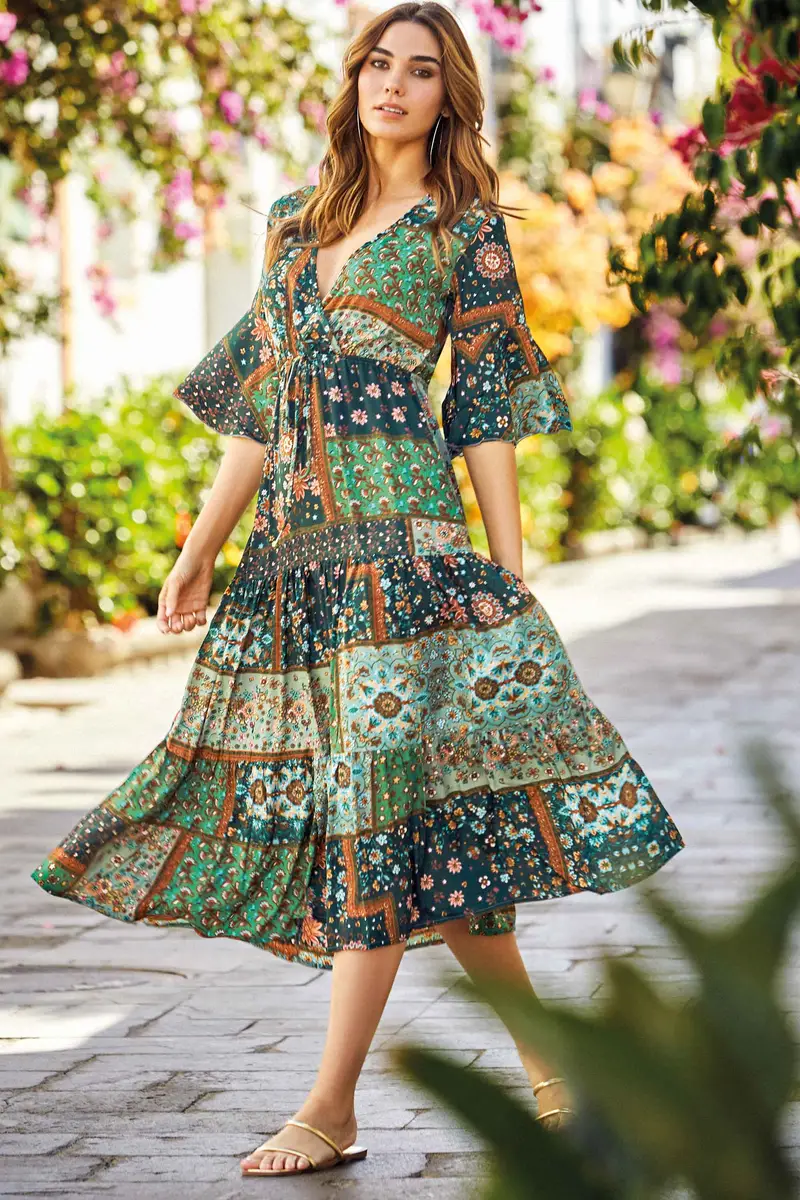 ABITO LUNGO FIORI MAIOLICHE | Colore Verde |