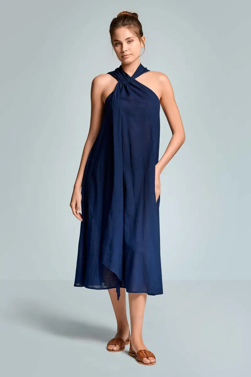 ABITO LUNGO IN MISTO LINO LUISA | Colore Navy Blu |