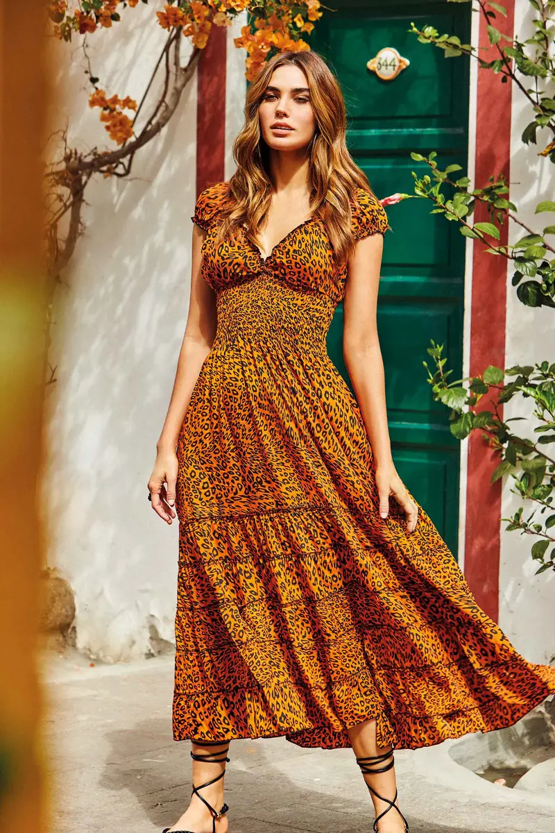 ABITO LUNGO LEOPARDATO | Colore Arancio |