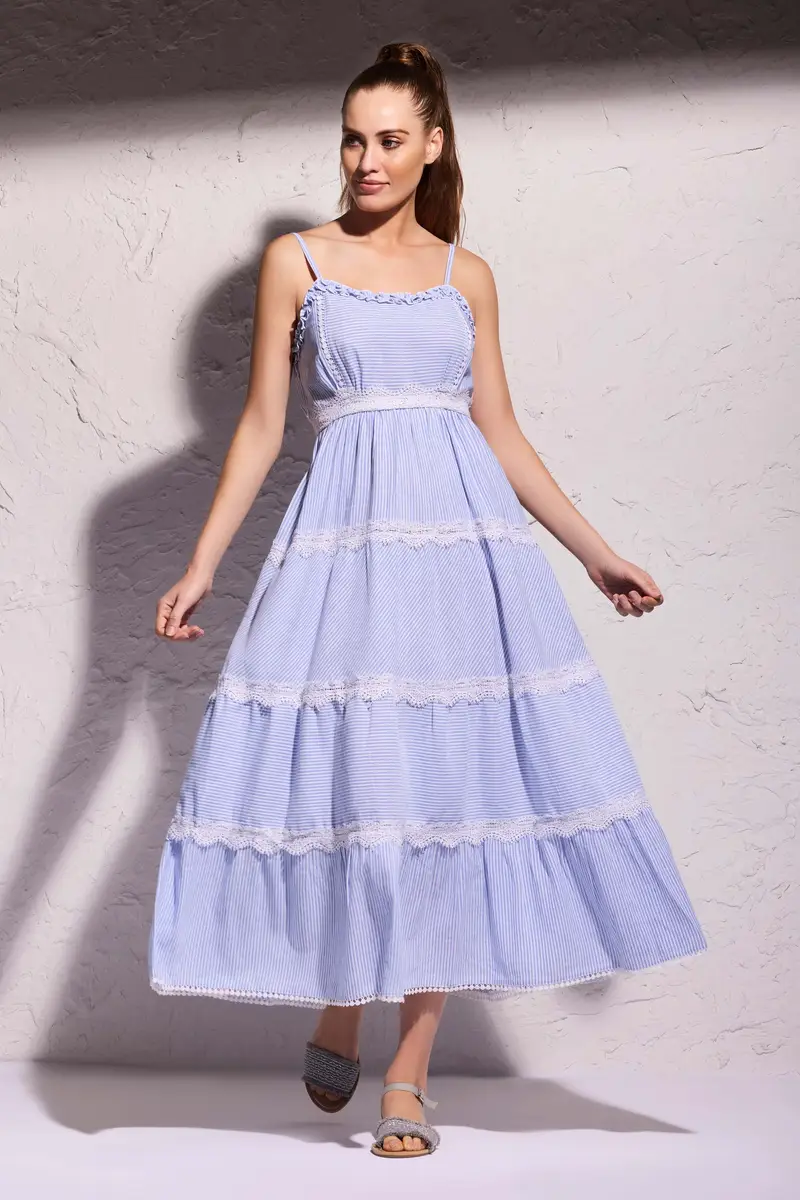 ABITO LUNGO RIGHE LINO | Colore Azzurro |