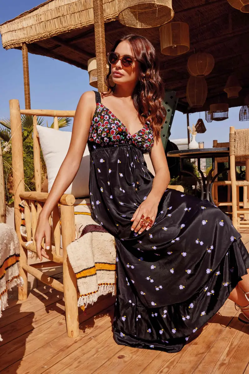 ABITO LUNGO SPALLINE MICRO STAMPA FLOREALE | Colore Multi |