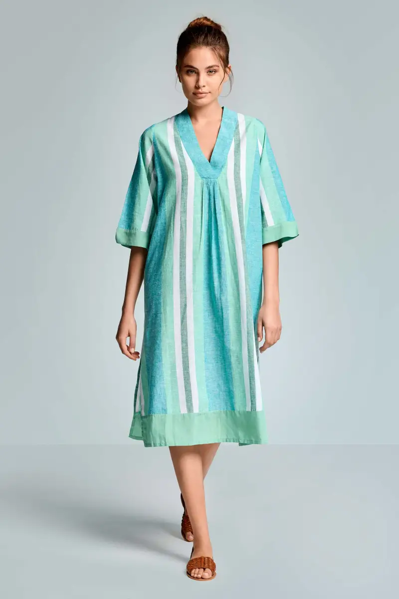 CAFTANO IN MISTO LINO A RIGHE ELEONOR | Colore Verde |