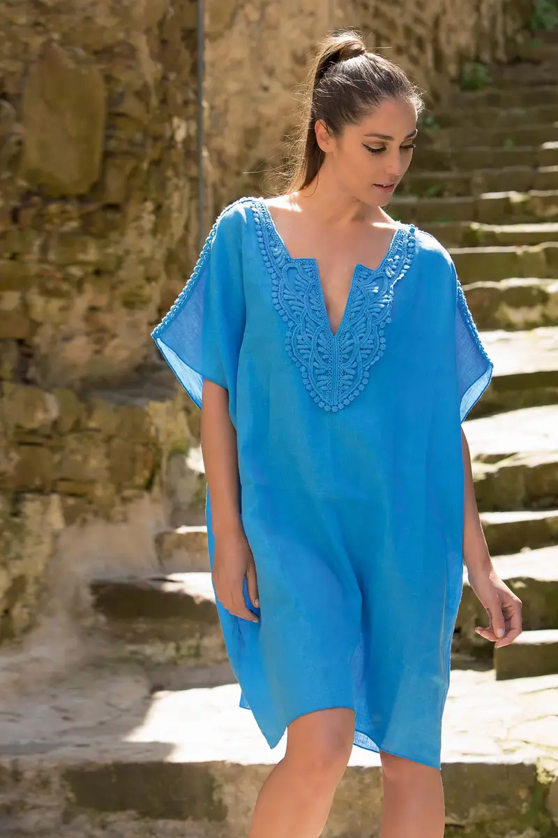 CAFTANO IN PURO LINO GAIA | Colore Azzurro |