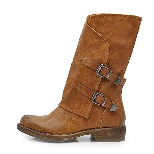 IF Fashion Scarpe da Donna Stivali Stivaletti Biker Fibbie Anfibi Polpaccio Largo 620 Brown N.36 miniatura 2