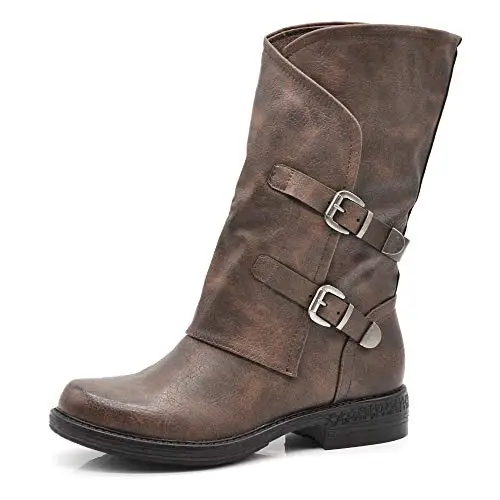 IF Fashion Scarpe da Donna Stivali Stivaletti Biker Fibbie Anfibi Polpaccio Largo 620 Camel N.37 miniatura 2