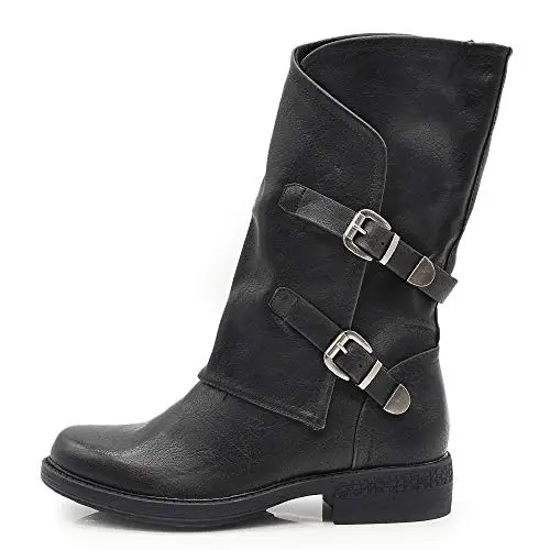 IF Fashion Scarpe da Donna Stivali Stivaletti Biker Fibbie Anfibi Polpaccio Largo G620 Nero 40