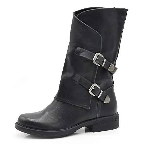 IF Fashion Scarpe da Donna Stivali Stivaletti Biker Fibbie Anfibi Polpaccio Largo G620 Nero 40 miniatura 2