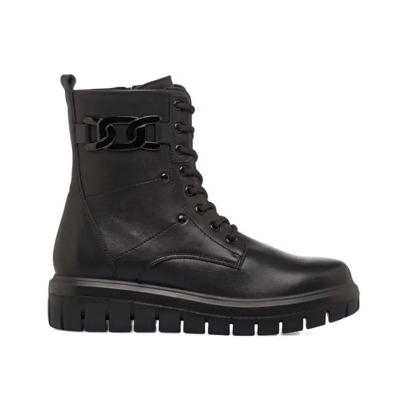 Anfibi neri da donna in pelle con dettaglio catena e suola in gomma sagomata