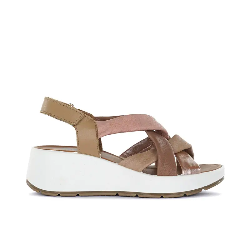 Sandali marroni da donna in pelle con zeppa e cinturini incrociati